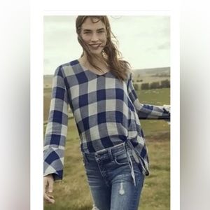Anthropologie Cloth & Stone Navy/Grey Buffalo Plaid hi/lo top. Sz S. VGUC